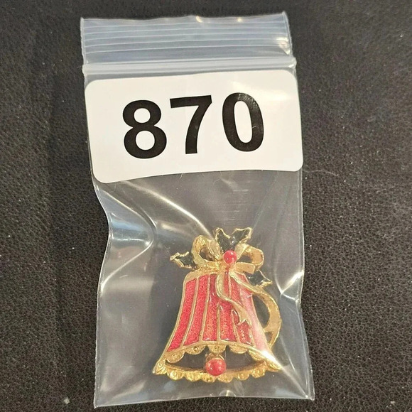 Christmas Bell Holly Brooch Pin Gold Tone Enamel Red Green Granny Core Jewelry - Picture 6 of 6